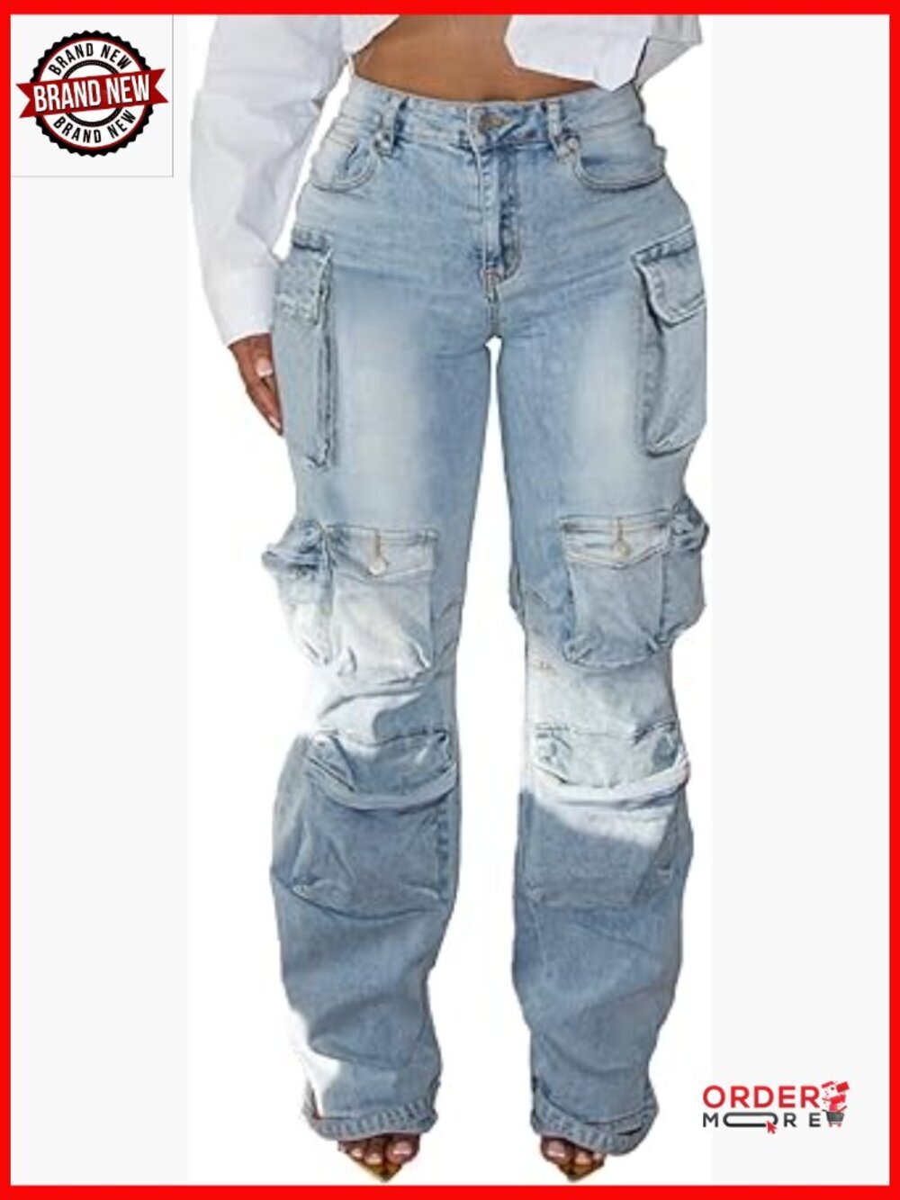 High Waisted Rhinestone Cargo Jeans Baggy Y2K Cut Out Ripped Stretchy Denim